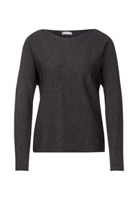 Dunkelgrauer langärmeliger Pullover aus weichem Material, mit weitem Rundhalsausschnitt und lockerer Passform, glatter Textur und minimalem Detail.