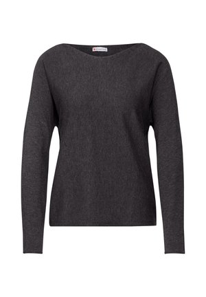 Un pull long en gris foncé fabriqué en tissu doux, avec un décolleté large en arrondi et une coupe décontractée, doté d'une texture lisse et de détails minimaux.