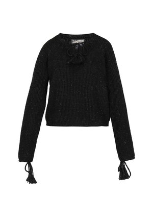 Sort strikket sweater med lange ærmer, ribbet tekstur, rund halsudskæring, frynset binding ved hals og håndled, cropped kant.