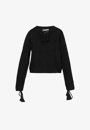 Sort strikket sweater med lange ærmer, ribbet tekstur, rund halsudskæring, frynset binding ved hals og håndled, cropped kant.