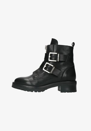 Black leather ankle boots with two buckle straps, a rounded toe, and a chunky sole. Features a side zipper and textured finish.