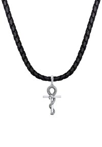 Sort flettet læderhalskæde med et sølvvedhæng, der har et sammenfiltret slange- og korsdesign, som fremviser detaljeret kunsthåndværk.