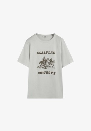 Gray cotton t-shirt with a crew neckline, featuring a dark brown graphic of cowboys on horseback and the text "SCALPERS COWBOYS."