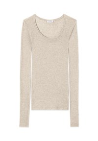 Dlhý rukáv top v svetlej béžovej farbe s výstrihom do tvaru lode, vyrobený z mäkkej látky s hladkou textúrou, navrhnutý pre priliehavý strih.