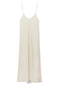 Robe beige sans manches avec fines bretelles, présentant un panneau latéral en maille et une coupe décontractée. Tissu doux, longueur jusqu'au milieu du mollet.