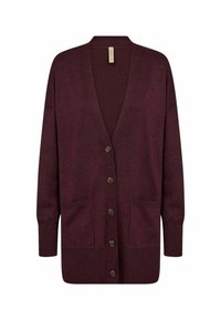 Maroon cardigan with a v-neck, long sleeves, six button closure, and two front pockets. Smooth knit texture and ribbed cuffs.