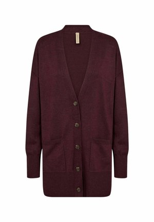 Maroon cardigan with a v-neck, long sleeves, six button closure, and two front pockets. Smooth knit texture and ribbed cuffs.