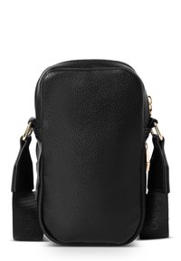 Borsa in pelle nera con finitura testurizzata, presenta una forma rettangolare, una zip dorata e una tracolla removibile con marchio.