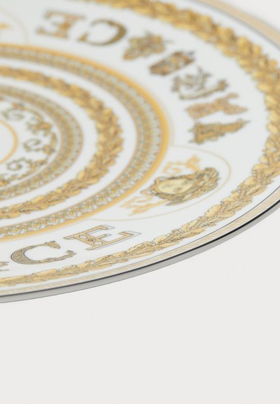 Biały porcelanowy talerz z misternymi złotymi wzorami i akcentami, zawierający okrągłe motywy i dekoracyjne obramowania. Widoczny srebrny rant.