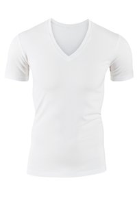 Witte korte mouwen V-hals t-shirt van gladde stof; aansluitend ontwerp met een zachte textuur en strakke, minimalistische lijnen.