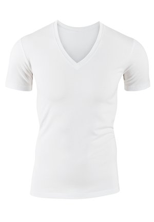 Weißes Kurzarm-V-Ausschnitt-T-Shirt aus glattem Stoff; taillierter Schnitt mit weicher Textur und klaren, minimalistischen Linien.