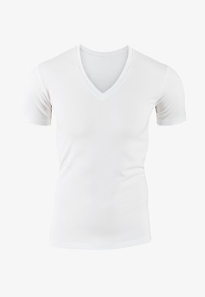 T-shirt bianco a maniche corte con scollatura a V realizzato in tessuto liscio; design aderente con una consistenza morbida e linee pulite e minimaliste.