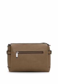 Brown leather crossbody bag with a textured finish, featuring a front zip pocket and silver hardware. Rectangular shape with adjustable strap.