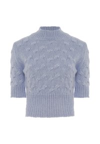 Maglione azzurro chiaro a maniche corte con un collo alto, caratterizzato da un motivo a treccia testurizzato e orlo a coste. Materiale morbido, vestibilità comoda.