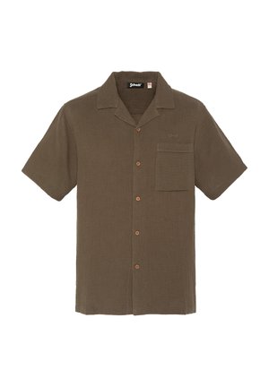 Brązowa koszula z krótkim rękawem zapinana na guziki, z jedną kieszenią na piersi i małym haftowanym logo „Schott” nad kieszenią.