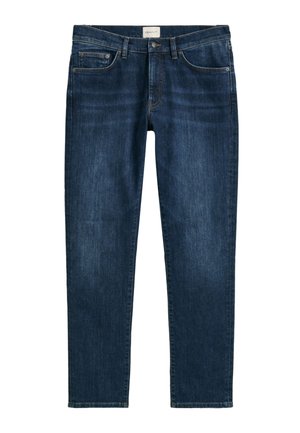 Dark blue denim jeans with a straight-leg cut, five pockets, belt loops, and subtle fading. The fabric has a smooth texture.