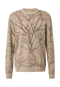 Felpa beige con motivo di ramificazioni in marrone scuro, polsini e orlo a costine, e una scritta logo in grigio chiaro sul petto.