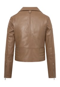 Braune Lederjacke mit genähten Details an Ärmeln und Rücken, Reißverschlussmanschetten und einem Druckknopf am Kragen, von hinten gezeigt.