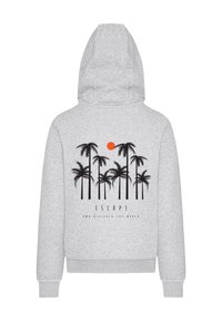 Gray hoodie featuring a graphic design of palm trees and a sun. Text reads "ESCAPE" above the trees, in black. Soft fabric, standard fit.
