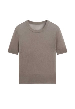 Krótki rękaw, sweter z okrągłym dekoltem w odcieniu taupe, wykonany z miękkiego dzianinowego materiału, charakteryzujący się gładką fakturą i delikatnymi akcentami prążkowanymi przy dekolcie i u dołu.