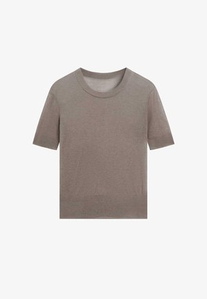 Kurzärmliger Pullover mit Rundhalsausschnitt in Taubengrau, aus weichem Strickmaterial, mit glatter Textur und dezenten Rippdetails am Kragen und Saum.