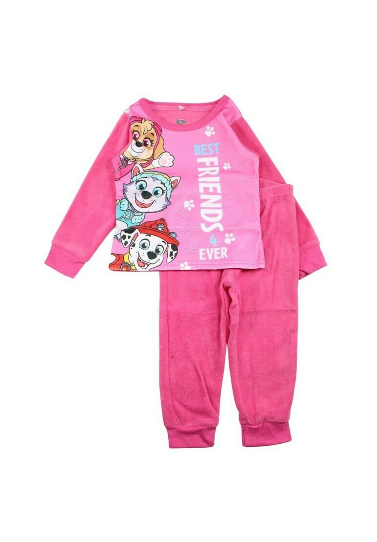 Ensemble de pyjama en polaire rose comprenant un haut à manches longues orné d'animaux de bande dessinée et du texte "MEILLEURS AMIS POUR TOUJOURS", associé à un pantalon assorti.