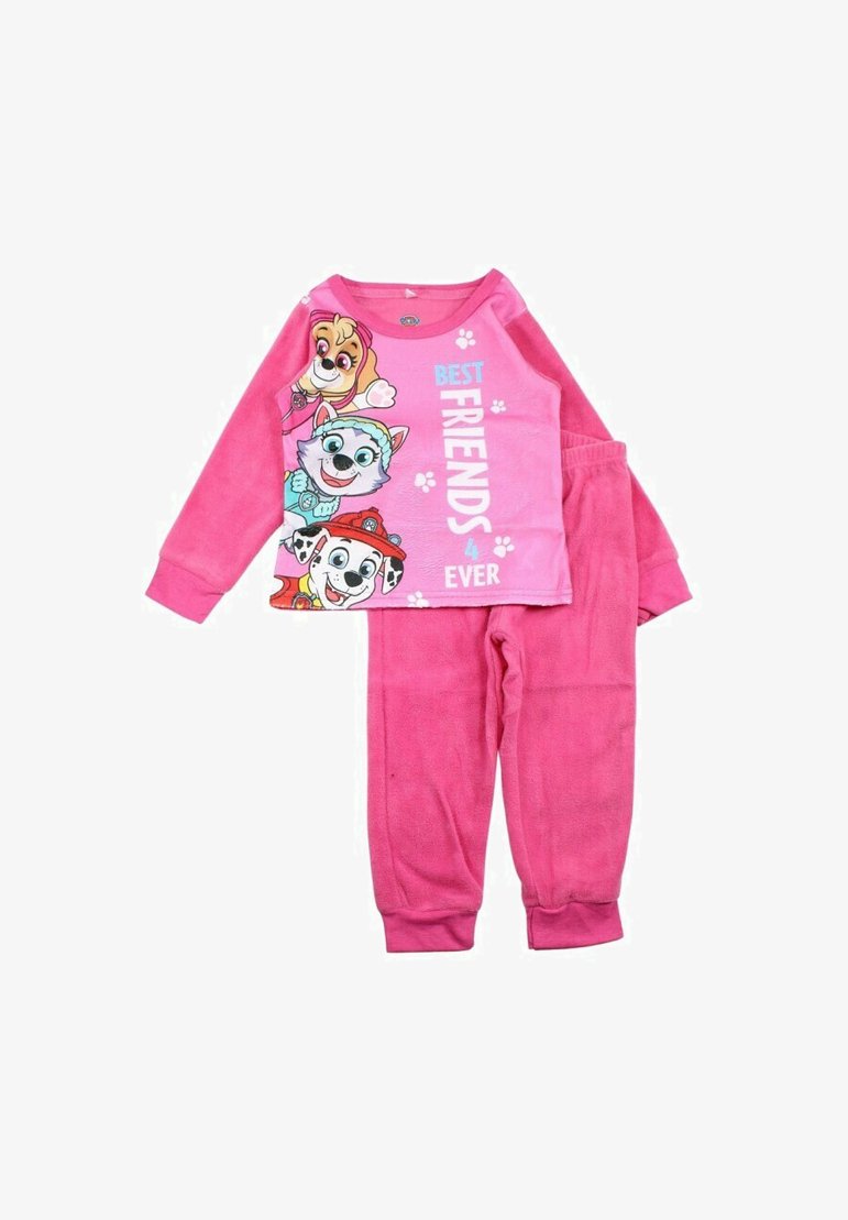 Ensemble de pyjama en polaire rose comprenant un haut à manches longues orné d'animaux de bande dessinée et du texte "MEILLEURS AMIS POUR TOUJOURS", associé à un pantalon assorti.