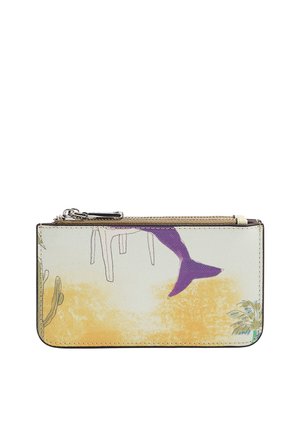Prostokątna saszetka na zamek błyskawiczny z nadrukiem fioletowego ogona syreny, białych nóg krzesła, kaktusa i liści palmy na żółtym tle.