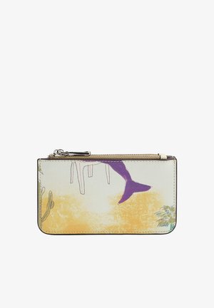 Prostokątna saszetka na zamek błyskawiczny z nadrukiem fioletowego ogona syreny, białych nóg krzesła, kaktusa i liści palmy na żółtym tle.