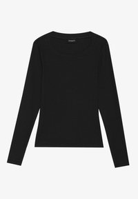 Svart långärmad skjorta, ribbad textur, rundad halsringning, figursydd design och rak nederkant. Mjuk tyg, minimala sömmar.