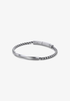Silberner Metallarmband mit einem Kettenlink-Design und einem glatten, geschwungenen Akzentstück in poliertem Finish. Verstellbarer Verschluss.
