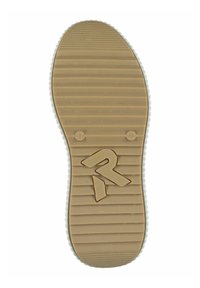 Suola di scarpa in gomma, color beige con scanalature orizzontali, dettagli testurizzati e un logo in rilievo al centro. Bordo bianco per grip e stile.