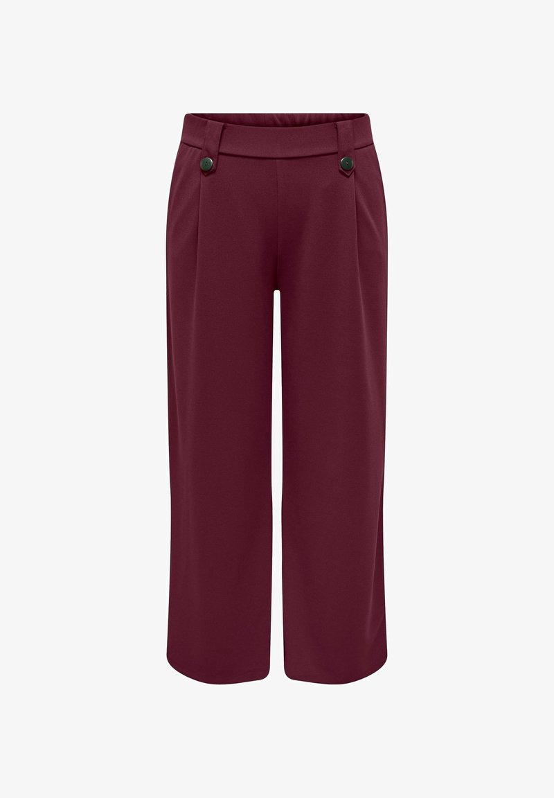 Pantalon bordeaux à jambes larges avec une texture lisse, doté d'une ceinture plate, de deux plis devant et de deux boutons verts en guise d'accent.