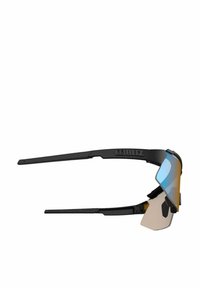 Occhiali da sole sportivi neri con un design leggero, dotati di lenti specchiate blu e ambra, e tempie regolabili per il massimo comfort.