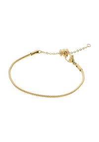 Bracciale di tono dorato con una morbida e flessibile catena a serpente, dotato di chiusura a gancio e di una catena regolabile per variare la misura.