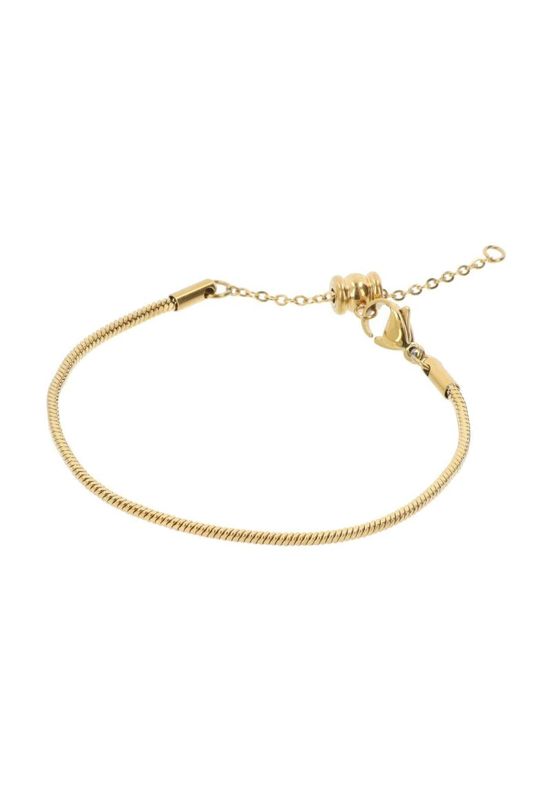 Bracciale di tono dorato con una morbida e flessibile catena a serpente, dotato di chiusura a gancio e di una catena regolabile per variare la misura.