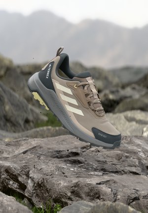 Zapatilla de senderismo Adidas Terrex beige y gris con rayas blancas, flotando sobre un terreno rocoso con montañas desenfocadas al fondo.