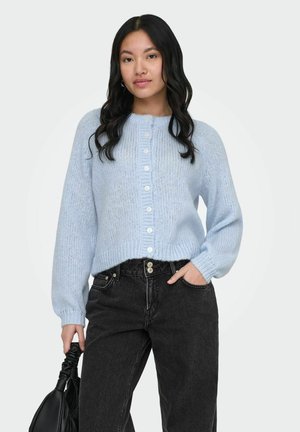 Žena s dlhými čiernymi vlasmi, ktorá má na sebe svetlomodrý rozopnutý kardigán a čierne džínsy, drží čiernu kabelku na jednotnom pozadí.