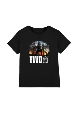 Schwarzes T-Shirt mit Grafik von drei bewaffneten Charakteren, die zum Handeln bereit sind, über dem fetten Text "TWD 15".