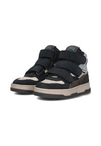 Hoge sneakers van een combinatie van donkerblauw suede en beige leer, met dubbele klittenbandsluitingen en een grijze rubberen zool. Blauw logo-detail.