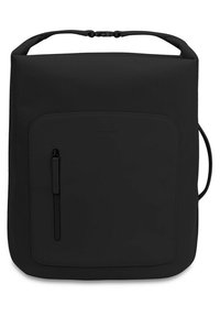 Black square backpack made of durable material, featuring a front zippered pocket, smooth texture, and adjustable shoulder straps.