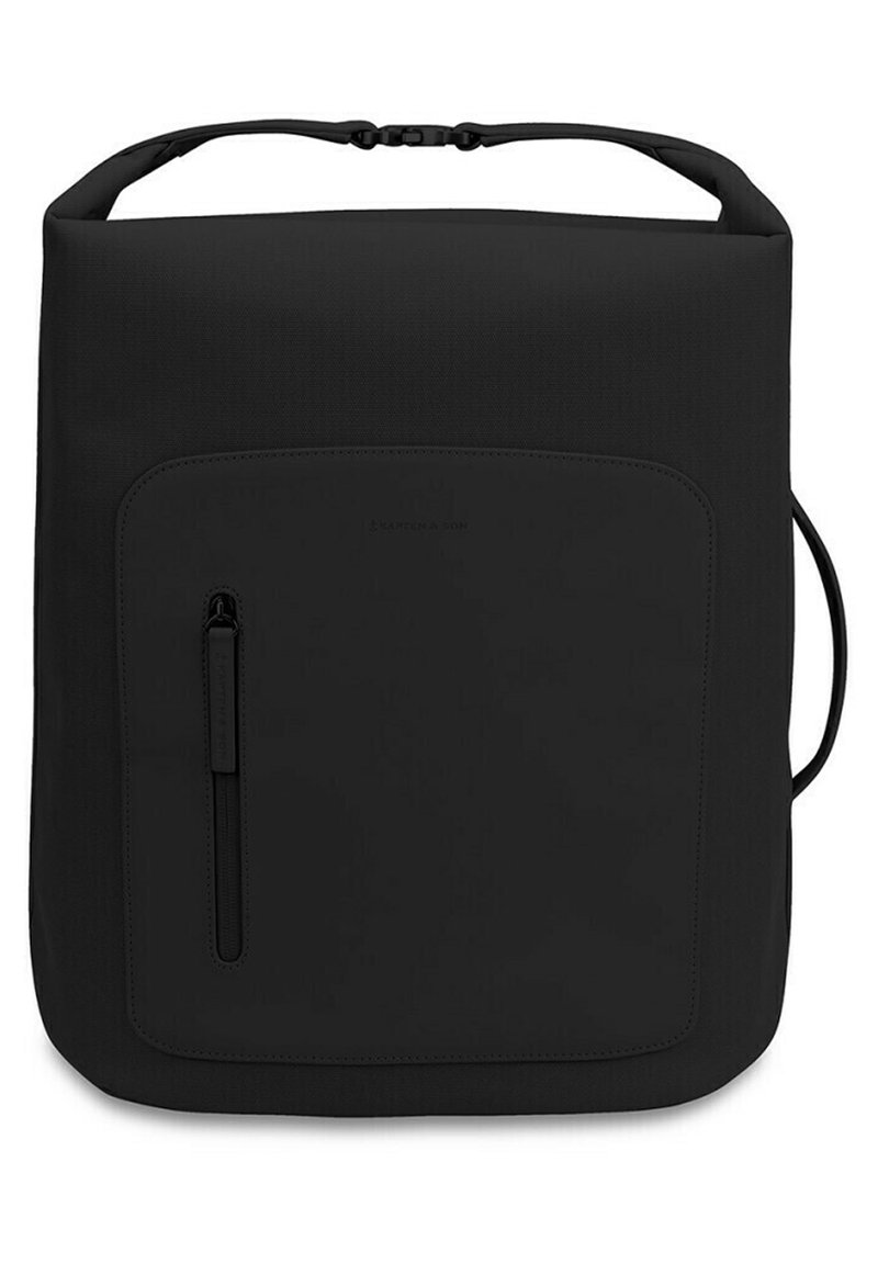 Black square backpack made of durable material, featuring a front zippered pocket, smooth texture, and adjustable shoulder straps.