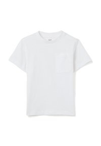 Weißes Baumwoll-T-Shirt mit rundem Halsausschnitt und kurzen Ärmeln. Hat eine einzelne Brusttasche und eine weiche, glatte Textur.