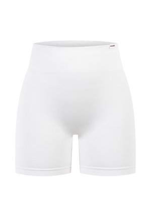 Witte naadloze shorts met een brede, geribbelde tailleband en een gladde, rekbare stof. Heeft een lengte tot halverwege de dij en geen zichtbare patronen.
