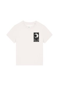 Witte katoenen t-shirt met een ronde halslijn. Bevat een zwarte grafische print van een gezicht met de tekst "XVIII DE MAAN" op de borst.