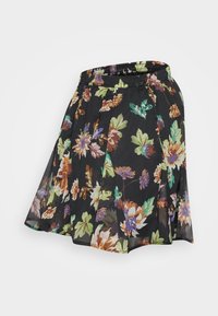 Falda negra hasta la rodilla con estampado floral colorido, cinturilla elástica y tejido suave y fluido.