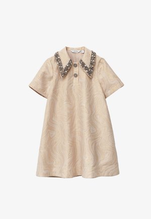 Ärmelloses, A-Linien-Kleid in Beige mit gewellter Textur. Verfügt über einen großen, verzierten Kragen und zwei Knöpfe am Ausschnitt.