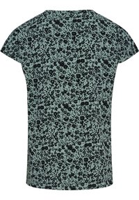 Kurzärmeliges Oberteil aus leicht grünem Stoff mit einem schwarzen Blumenmuster. Verfügt über einen runden Ausschnitt und einen geraden Saum. Weiche Textur.