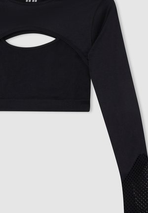 Top corto nero a maniche lunghe realizzato in tessuto elasticizzato, con un taglio frontale e un dettaglio in rete testurizzata sulla manica.