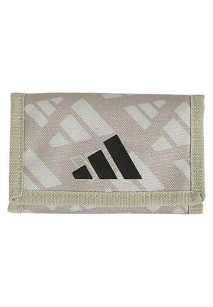 Portafoglio in tessuto beige con motivo geometrico e logo Adidas nero centrato sulla pattina frontale, bordi cuciti.